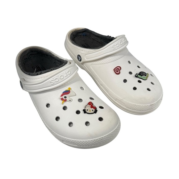 White Crocs with Fuzzy Lining & Charms Women’s Size 12 and men’s 10 - Picture 1 of 5